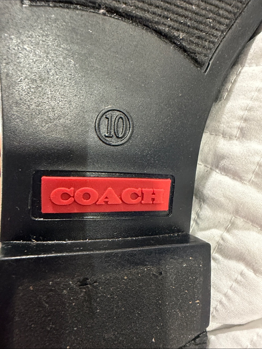 Coach Black Patent Ankle Rain Boots with Gray Knit Collar and Red Trim - Picture 7 of 7